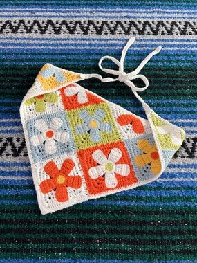 Crochet Flower Granny Square Hair Bandana Kerchief Headscarf Retro Boho Colorful